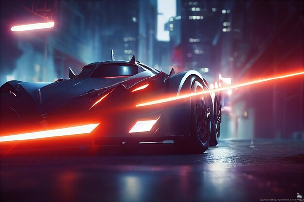 Des voitures futuristes de style chauve-souris avec un éclairage volumétrique, une apocalypse épique de la ville au néon, une IA générative.
