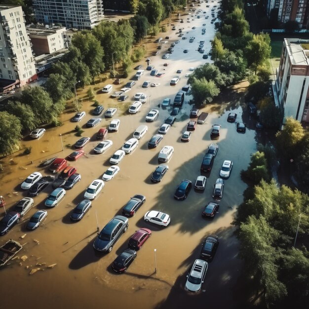 Voitures inondées dans les rues de la ville AI Generative