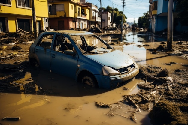 Des voitures inondées dans les rues de la ville, de la saleté et de la destruction après une catastrophe naturelle causée par les inondations dans les zones urbaines.