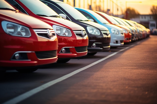 Voitures neuves garées en rangée sur le parking