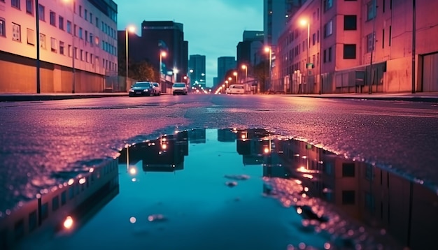 Photo des voitures de nuit traversent la ville reflétant des gratte-ciel générés par l'ia