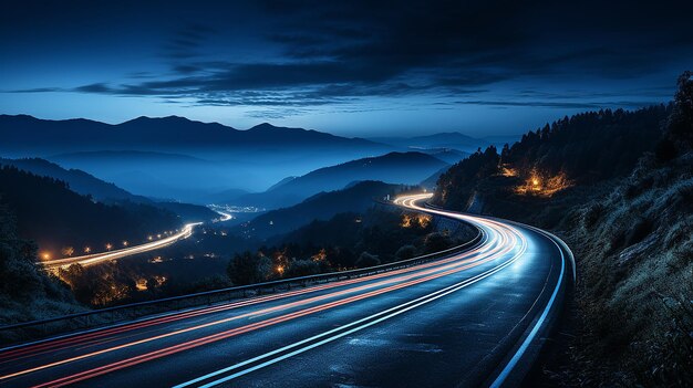 Les voitures panoramiques éclairent la nuit dans une route d'asphalte courbe la nuit Image à longue exposition