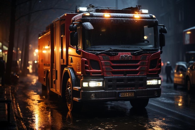 Des voitures de pompiers avec des feux clignotants stationnées dans une rue humide de la ville la nuit.