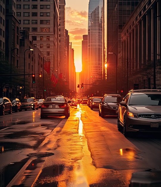 Des voitures qui descendent la rue devant des gratte-ciel au coucher du soleil à New York à New York à New York aux États-Unis