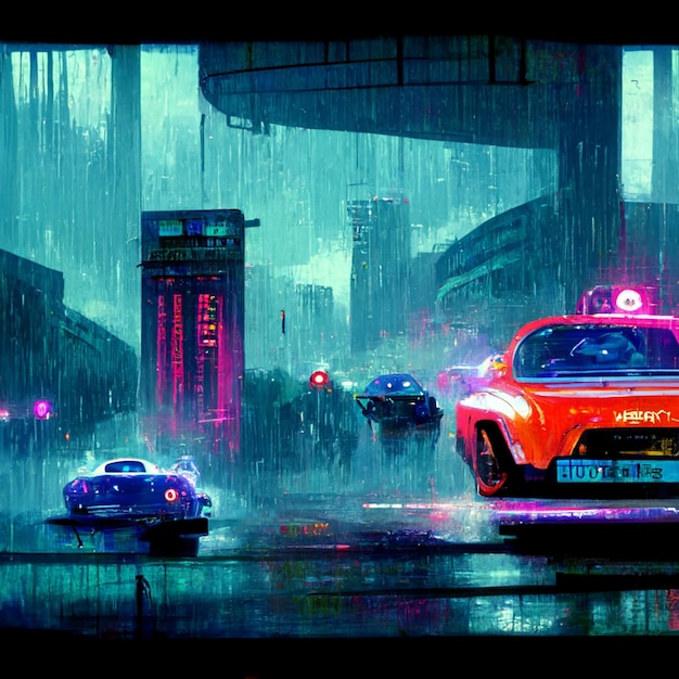 Des voitures qui traversent une ville la nuit sous la pluie.