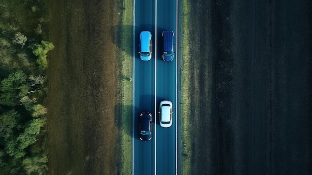 Photo les voitures roulent sur une route avec une route et un champ avec de l'herbe et des arbres