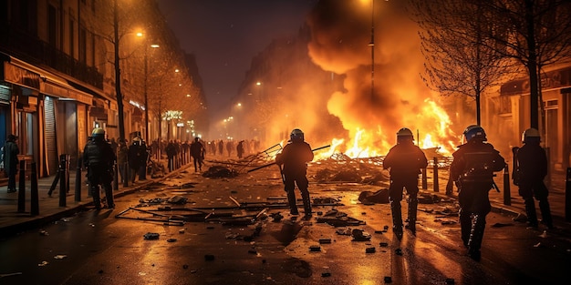 Des voitures et des rues en feu la nuit pendant les manifestations en France