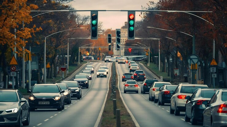 Photo les voitures se déplacent sur la route de la ville à l'automne en vue de la circulation avec des panneaux de signalisation et des voitures