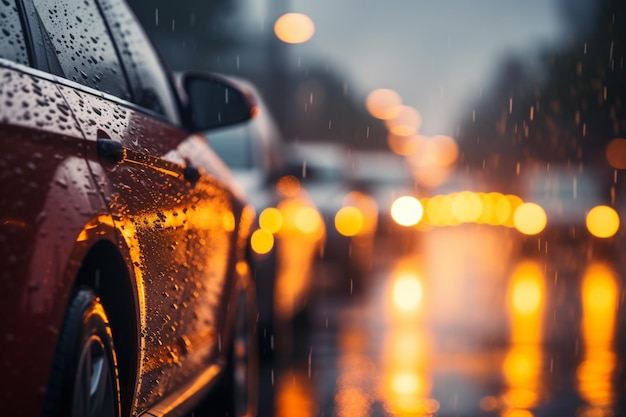 Les voitures sont garées dans une rue pluvieuse avec des lumières sur l'IA générative