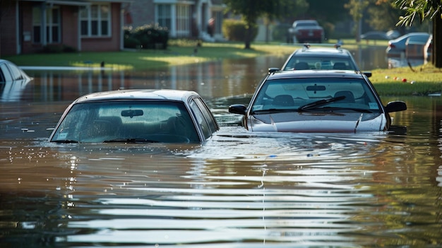 Des voitures submergées dans les eaux d'inondation dans une rue résidentielle