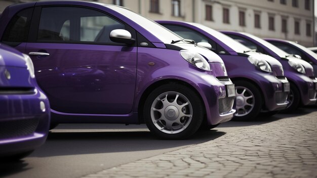 Voitures violettes garées en rang dans une rue