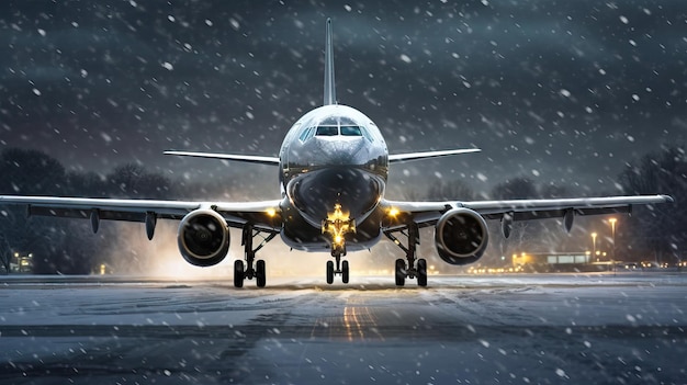 Vol atterrissant au départ par temps difficile neige pluie lors d'un vol circulant toute l'année