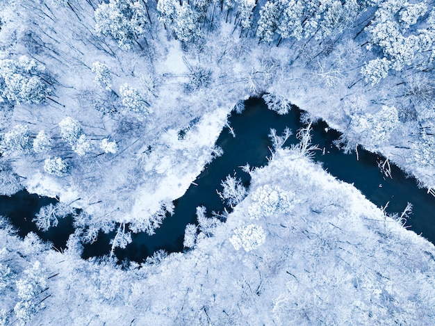 Vol au-dessus de la forêt avec neige et rivière qui coule en Pologne