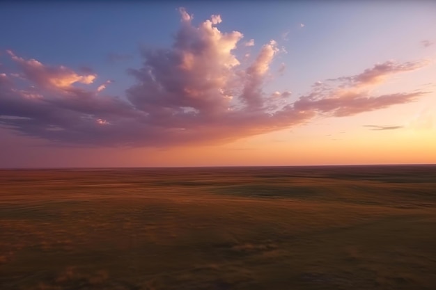 Vol au-dessus de la steppe du soir aux couleurs du coucher du soleil