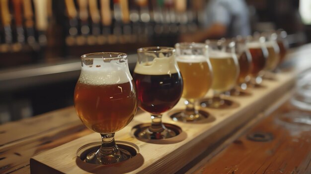 Photo un vol en bois de six bières différentes est assis sur un bar les bières sont toutes de couleurs différentes du jaune clair au brun foncé