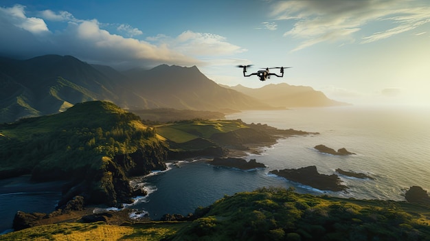 un vol de drone avec une photo immersive montrant le drone en action une vue imprenable sur la mer ou les montagnes du point de vue du drone créant une scène visuellement époustouflante