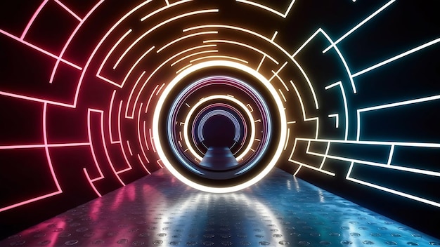 Vol à l'infini à l'intérieur du tunnel lumière au néon fond abstrait rond arcade portail anneaux cercles