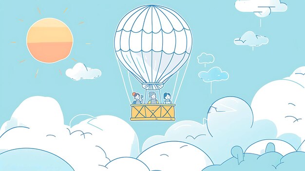 Photo un vol en montgolfière au-dessus des nuages le soleil brille et le ciel est bleu le ballon est blanc et a un panier jaune