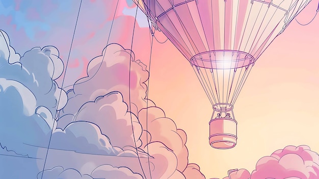 Photo un vol en montgolfière sur les nuages au coucher du soleil le ballon est rose et violet et le ciel est un gradient d'orange rose et bleu