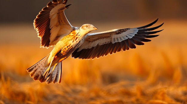 Photo le vol de l'oiseau majestueux volant sur le pré avec les plumes et les ailes déployées