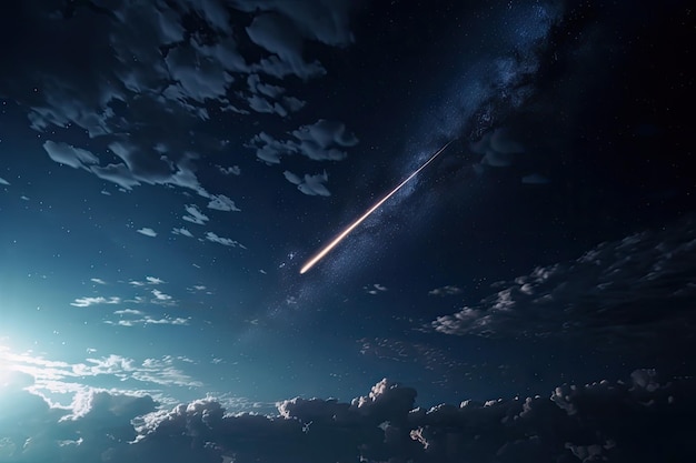 Vol de tourisme spatial devant une pluie de météorites avec des étincelles dans le ciel