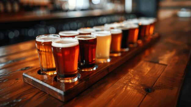Un vol de verres de bière artisanale sur un bar en bois avec différentes bières blondes dans de petites tasses en verre
