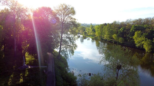 Vol de vue aérienne par drone au-dessus de la surface lisse du miroir de la rivière et des arbres