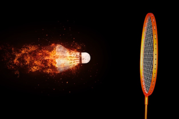 Photo volant de badminton en feu et raquette