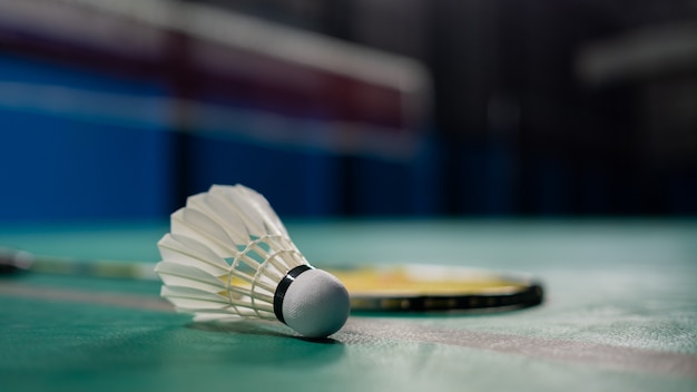 Volant de badminton avec raquette sur un sol vert