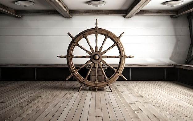 Le volant d'un navire repose sur un plancher en bois.