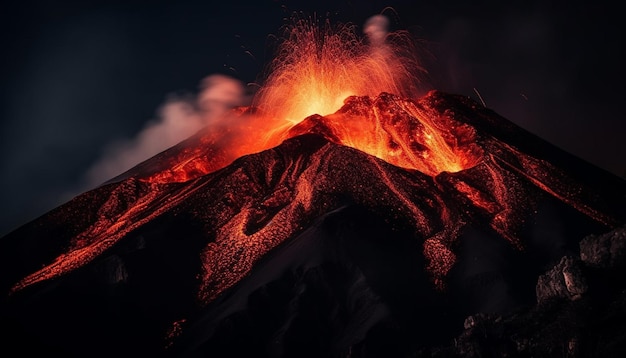 Un volcan actif entre en éruption avec une coulée de lave brûlante générée par l'IA