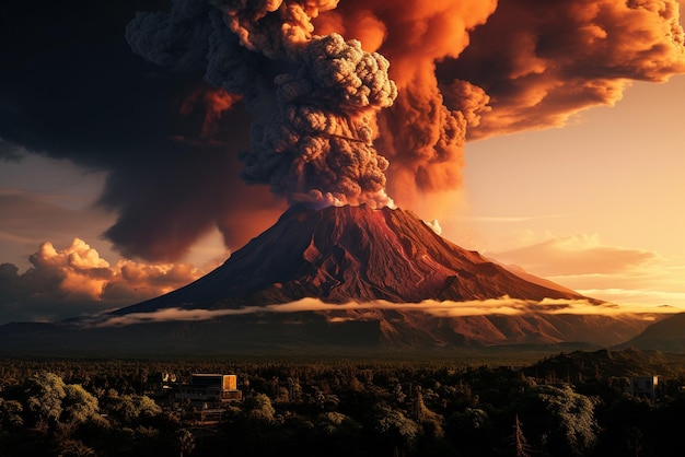 Photo un volcan en activité avec des nuages
