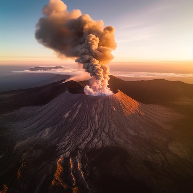 Volcan Arafed avec un panache de fumée s'élevant du haut génératif ai