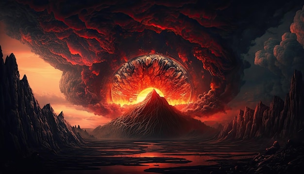 Un volcan avec une boule de feu rouge au centre