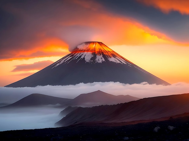 Photo volcan avec la brume au coucher du soleil