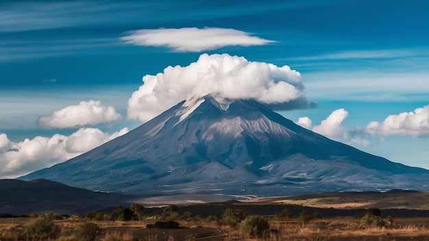 Le volcan Chimborazo en Équateur sous un ciel bleu et des nuages blancs