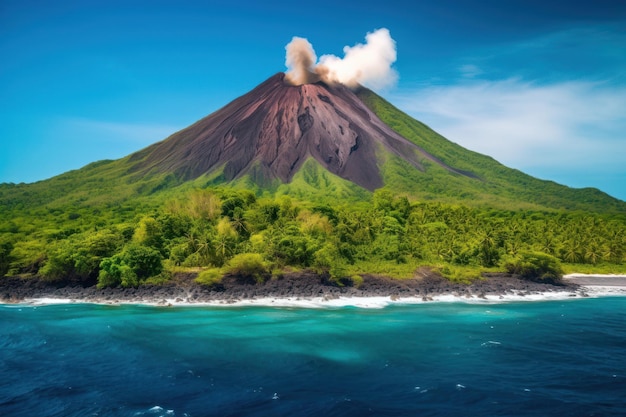 Un volcan avec un ciel bleu et des arbres verts en arrière-plan