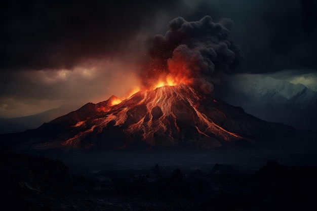 Un volcan avec un ciel sombre et de la fumée