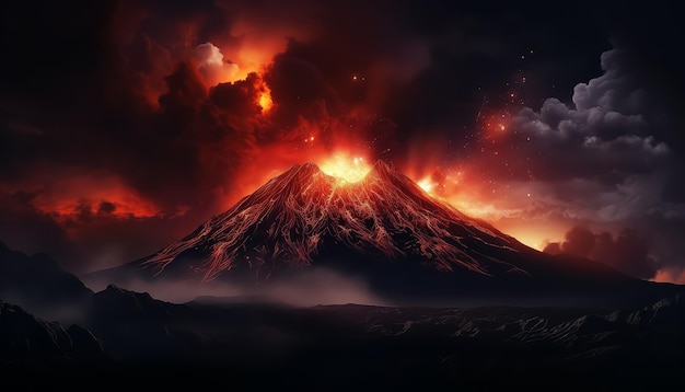 Le volcan éclate de feu et de fumée la nuit.