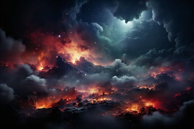 Un volcan en éruption au milieu d'une chaîne de montagnes engloutissant le monde en flammes et en cendres.