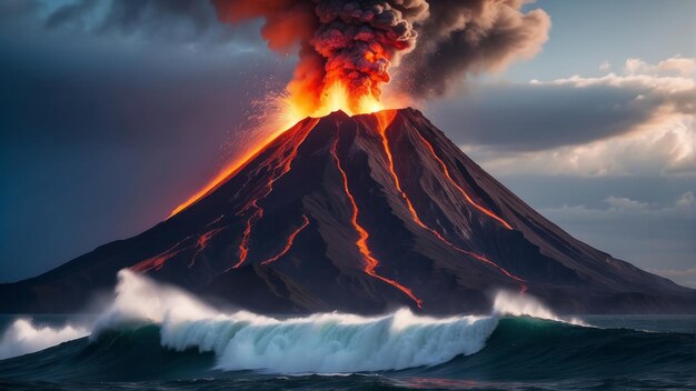 Photo un volcan en éruption au milieu de la mer