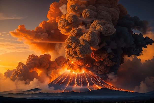 Volcan en éruption dans le ciel avec de la fumée et du feu style peinture à l'huile