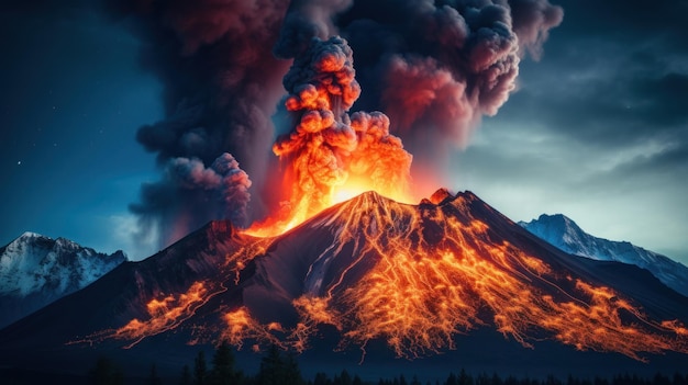 un volcan en éruption de fumée et de feu