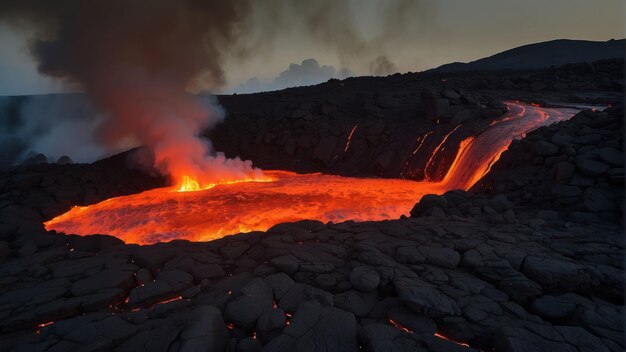 Volcan en éruption avec des rivières de lave fondue