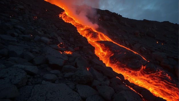 Volcan en éruption avec des rivières de lave fondue