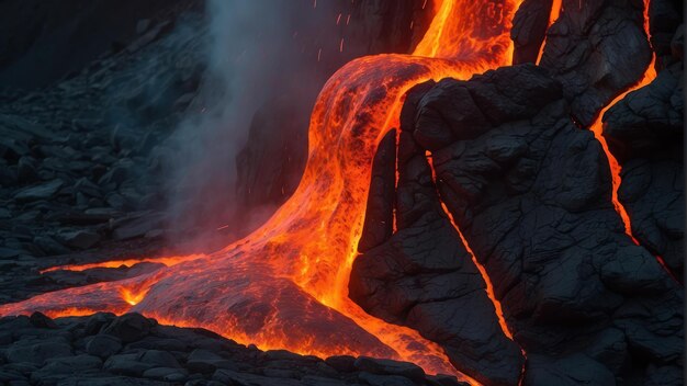 Volcan en éruption avec des rivières de lave fondue