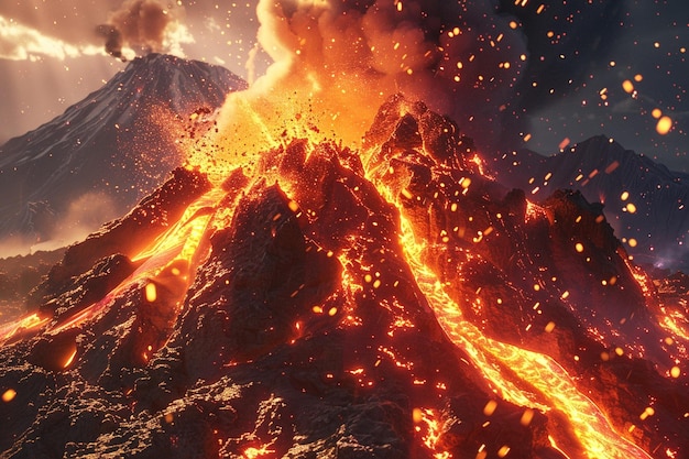 Photo un volcan en éruption avec un volcan à l'arrière-plan