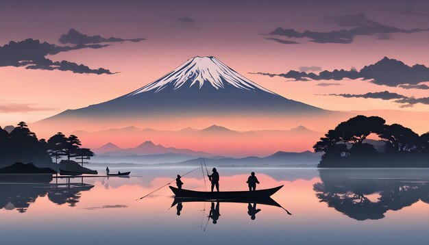 Photo un volcan est vu en arrière-plan d'un coucher de soleil