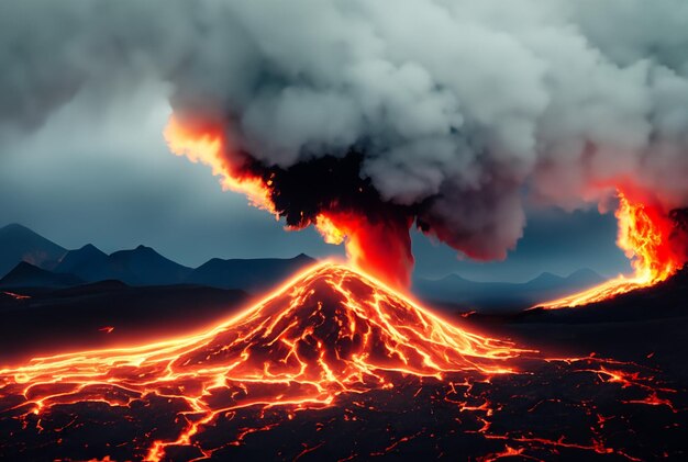 Photo le volcan fait éruption de lave.