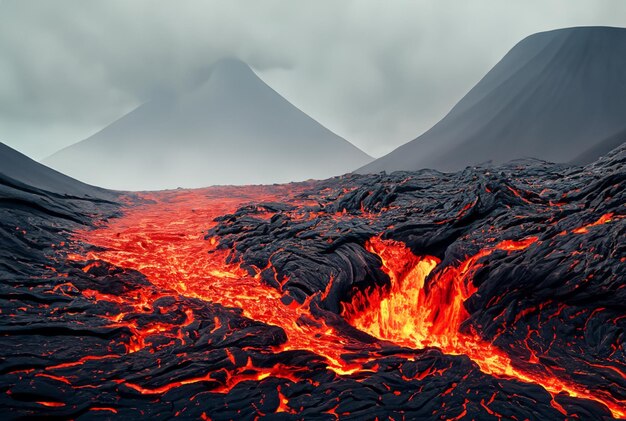 Photo le volcan fait éruption de lave.